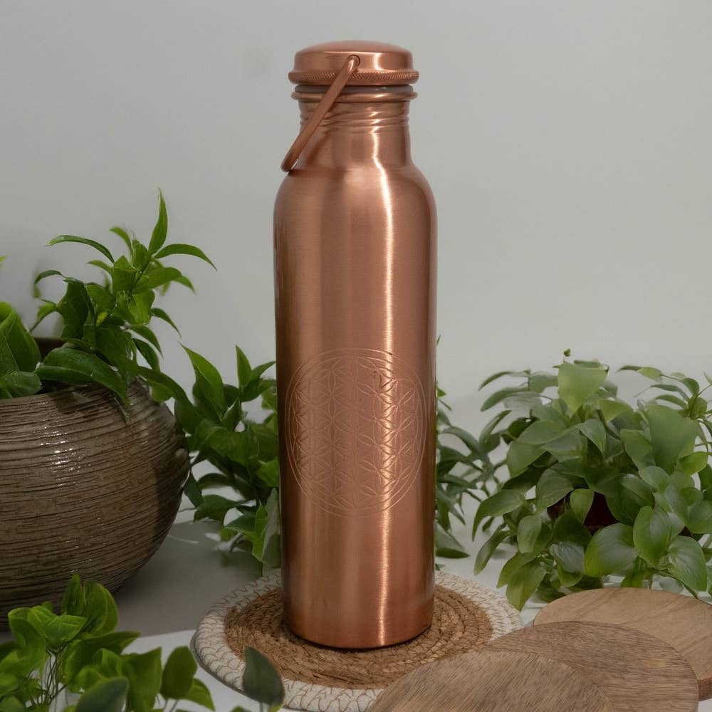 Ren kobber vandflaske flower of life med håndtag ± 950 ml - Drikke Flaske fra Ayurveda Specialist B.V. hos The Prince Webshop