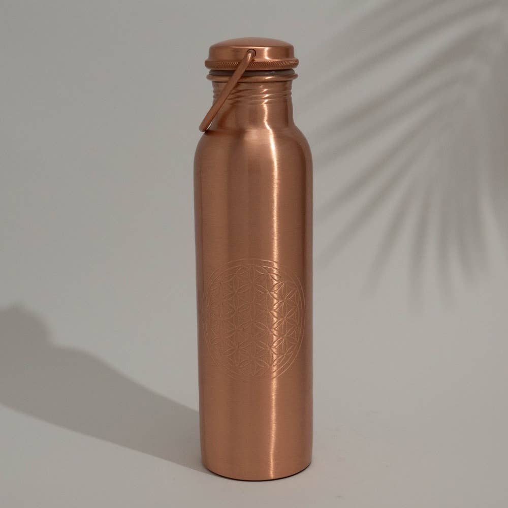 Ren kobber vandflaske flower of life med håndtag ± 950 ml - Drikke Flaske fra Ayurveda Specialist B.V. hos The Prince Webshop