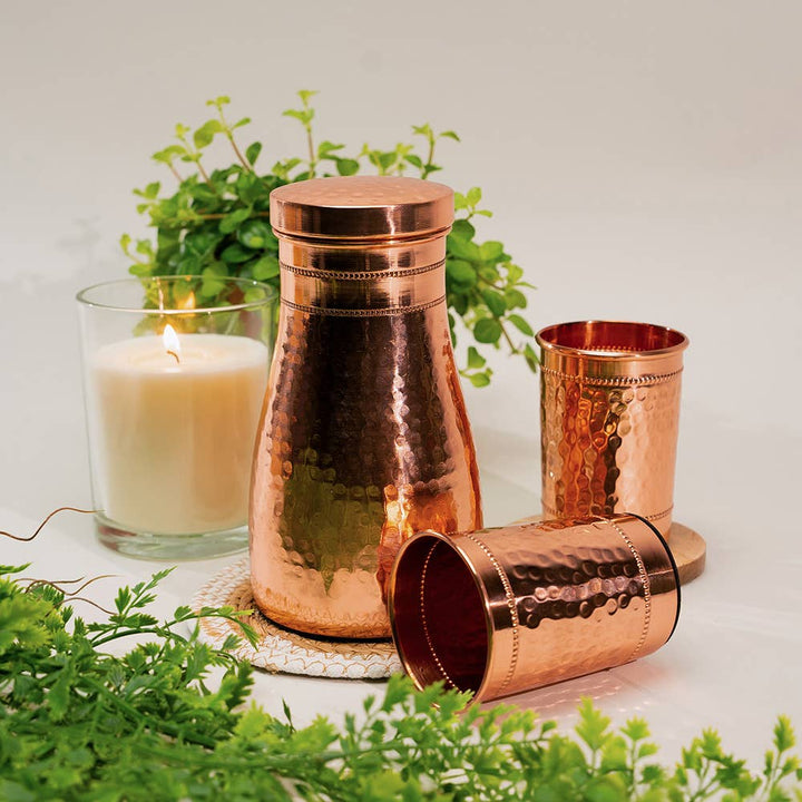 Ren kobbersæt af karaffel med 2 hamrede kopper + kande950 ml - Bartender Gear fra Ayurveda Specialist B.V. hos The Prince Webshop
