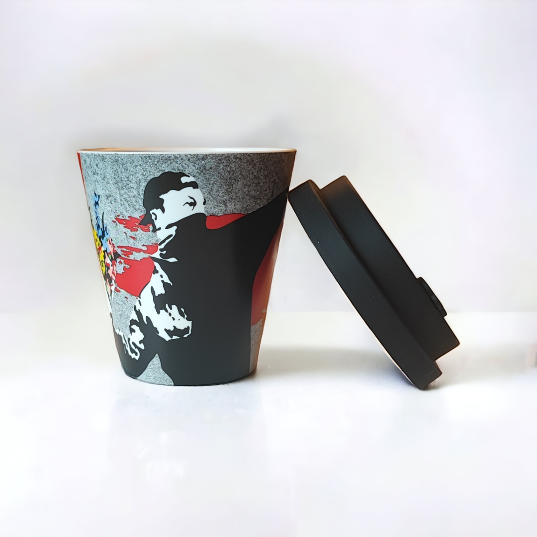 Banksy Travel Cup in RPET 230 ml - The Flower Thrower - Mug from URBAN.ITY at The Prince Webshop
