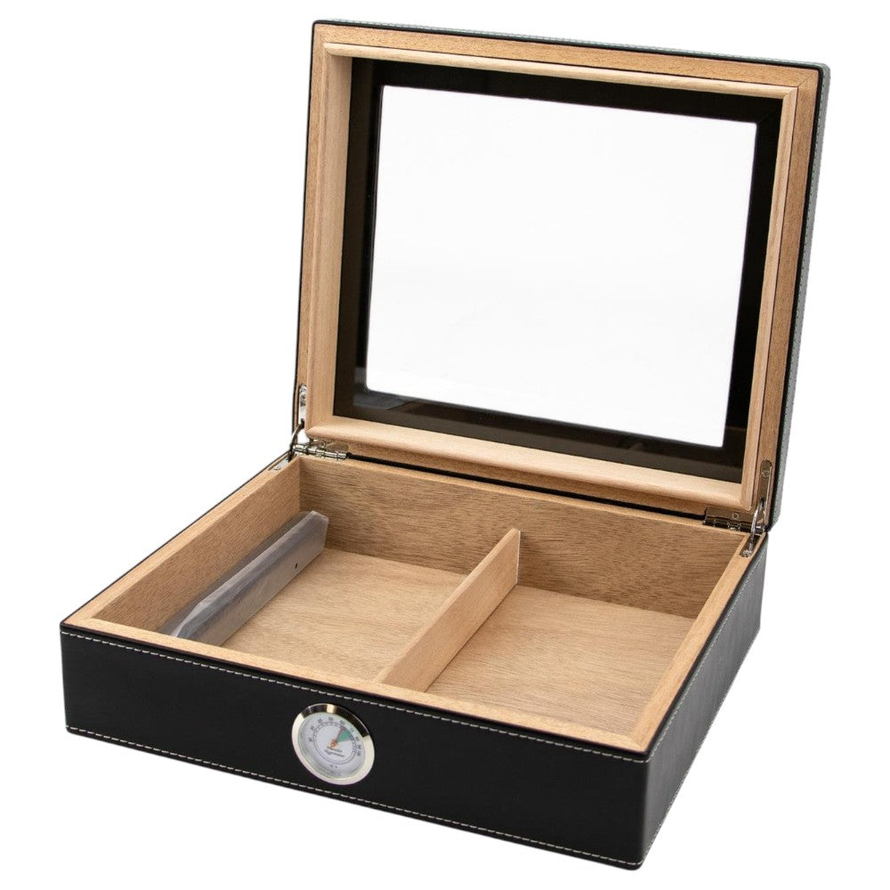 Humidor i Sort Faux Leather med Glaslåg til 20 Cigarer - Cigar Humidor fra The Prince's Collection hos The Prince Webshop
