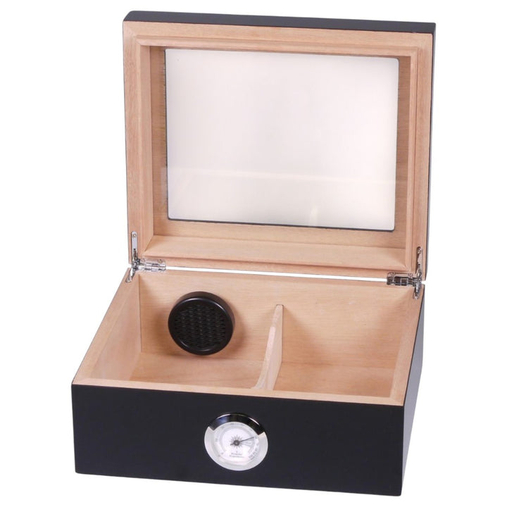 Humidor Black Matte Top Glass Window - til ca. 25 cigarer - Cigar Humidor fra The Prince's Collection hos The Prince Webshop