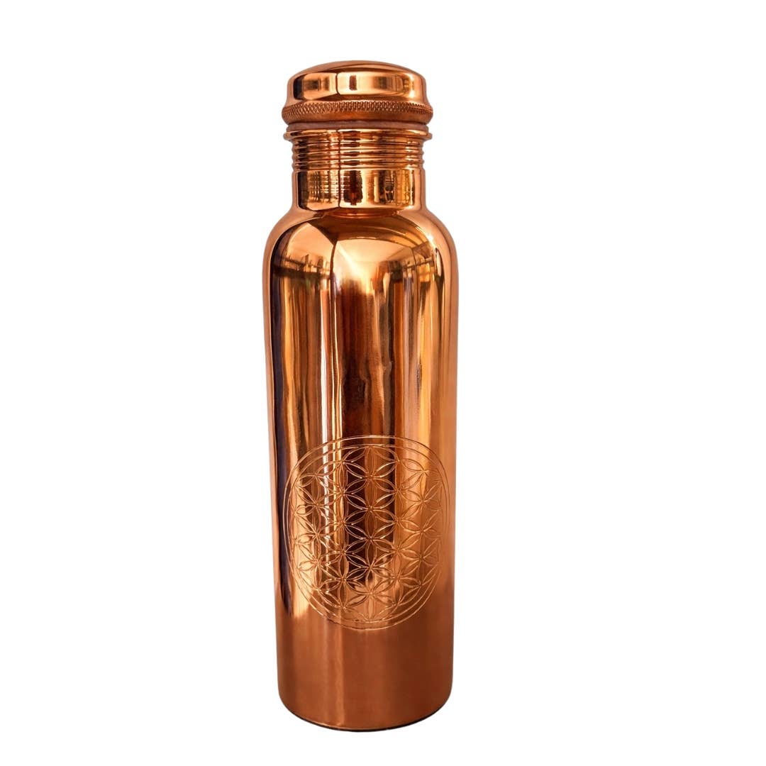 Ren poleret kobber vandflaske Flower of Life - 1 liter - Drikke Flaske fra Ayurveda Specialist B.V. hos The Prince Webshop