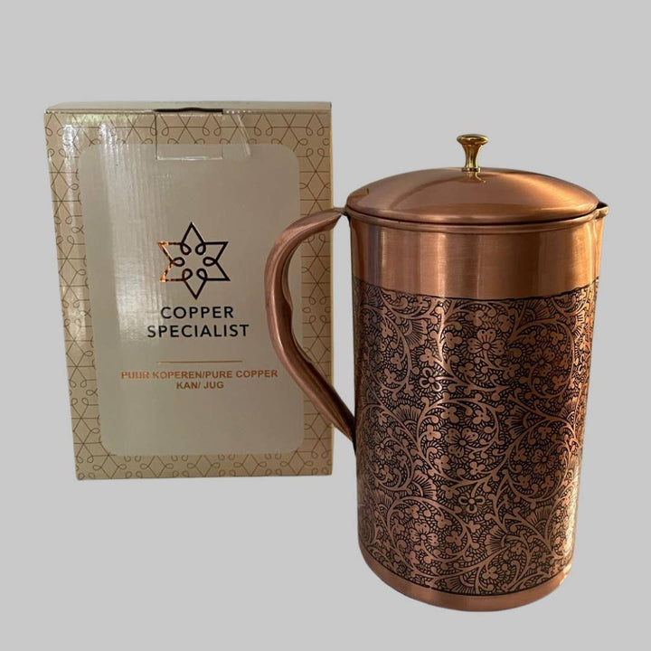 Pure copper jug ​​with floral pattern and lid ± 2 liters - Bartender Gear from Ayurveda Specialist B.V. at The Prince Webshop