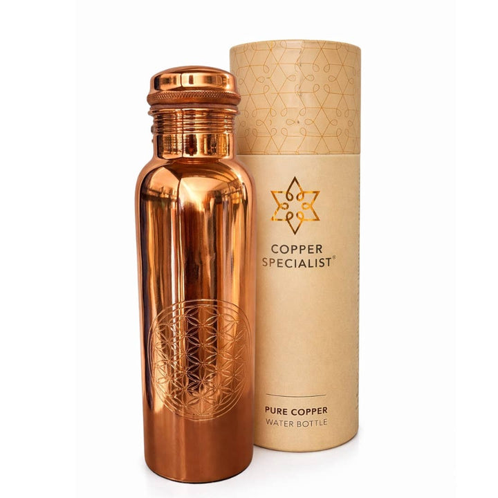 Ren poleret kobber vandflaske Flower of Life - 1 liter - Drikke Flaske fra Ayurveda Specialist B.V. hos The Prince Webshop