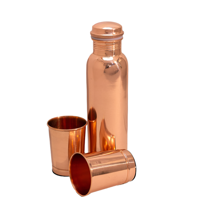 Pure Copper Set: Bottle (1 l) + 2 Glasses (300 ml) Smooth - Bartender Gear from Ayurveda Specialist B.V. at The Prince Webshop