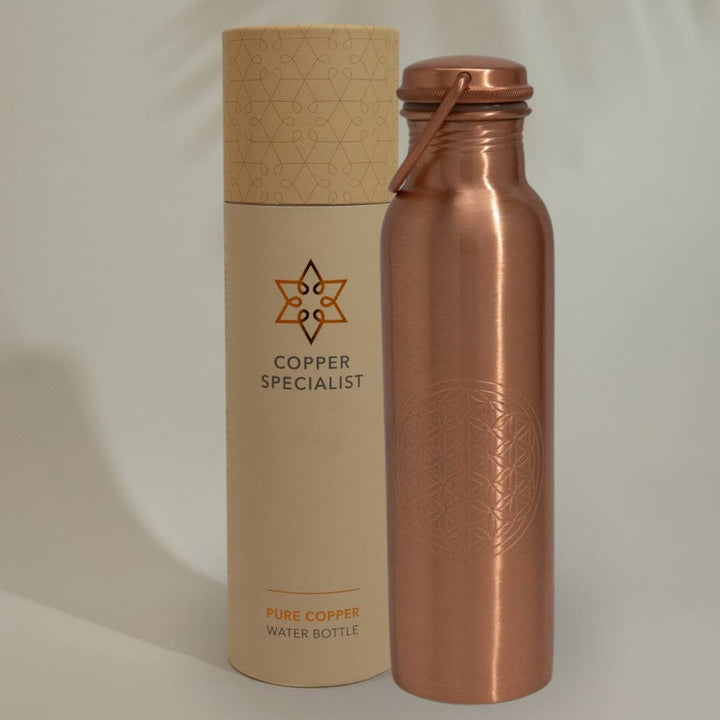 Ren kobber vandflaske flower of life med håndtag ± 950 ml - Drikke Flaske fra Ayurveda Specialist B.V. hos The Prince Webshop