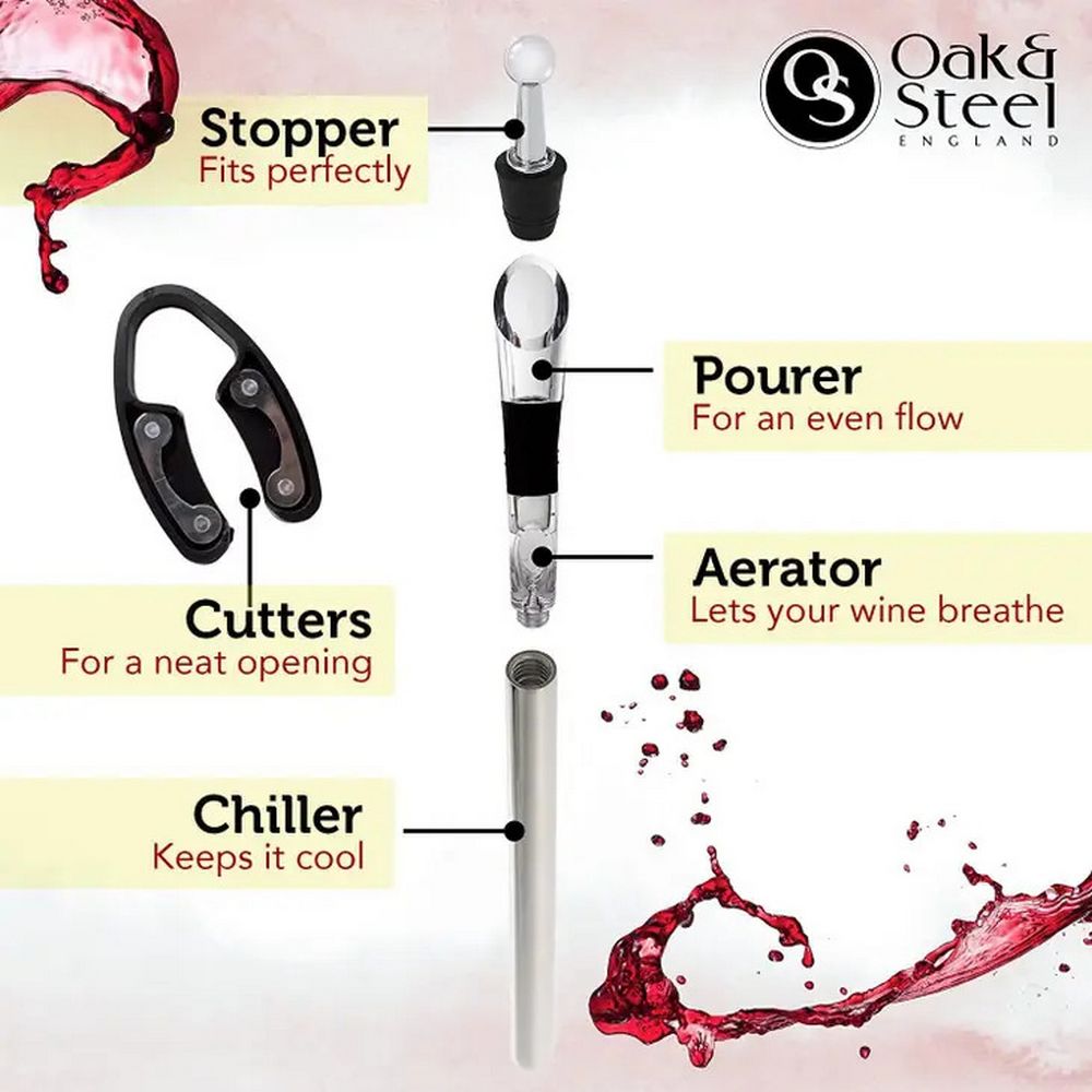 Oak & Steel - 5-in-1 Deluxe Stainless Steel Wine Accessory Gift Set - Wine Set from Oak & Steel at The Prince Webshop