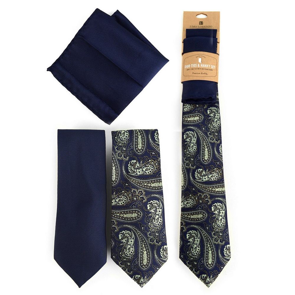 Blue Set of 2 Ties and matching Decorative Pocket Square - Ties from Umo Lorenzo at The Prince Webshop