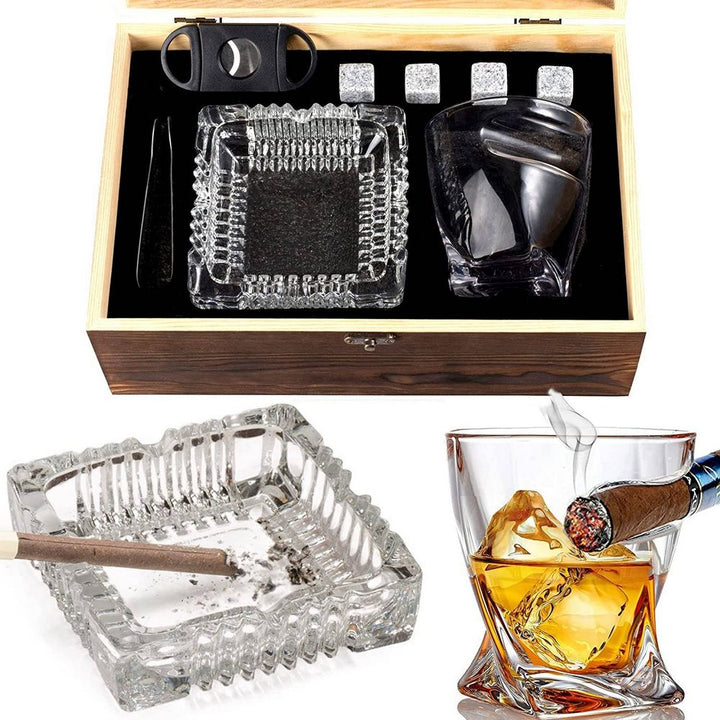 WHISKEY ROCK BOX with Cigar Holder Glass, Stone, Tongs, Cigar Cutter & Ashtray - Whiskey Glass from Bezrat Barware USA at The Prince Webshop