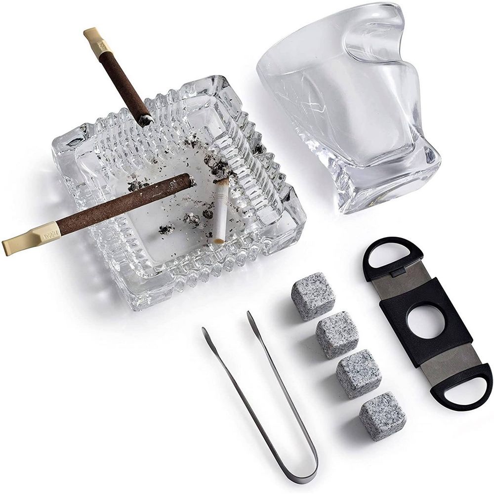 WHISKEY ROCK BOX with Cigar Holder Glass, Stone, Tongs, Cigar Cutter & Ashtray - Whiskey Glass from Bezrat Barware USA at The Prince Webshop