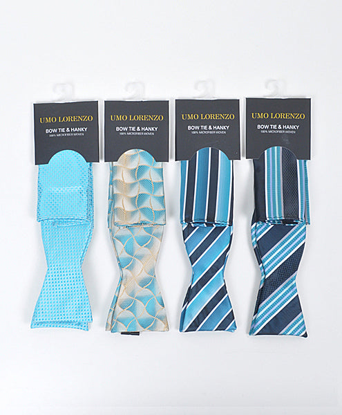 Self-tying Bow Tie and Pocket Square - Stripes of Turquoise - Bow Tie and Pocket Square Set from Umo Lorenzo at The Prince Webshop