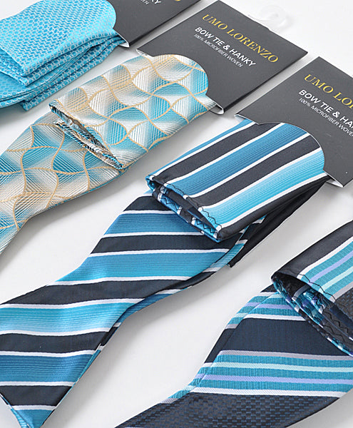 Self-tying Bow Tie and Pocket Square - Stripes of Turquoise - Bow Tie and Pocket Square Set from Umo Lorenzo at The Prince Webshop