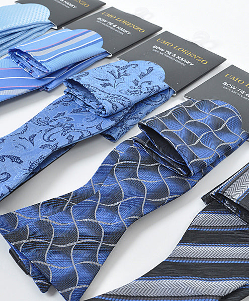 Self-tie Bow Tie and Pocket Square - Stripes of Blue Light - Bow Tie and Pocket Square Set from Umo Lorenzo at The Prince Webshop